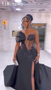 Abiti da sera a sirena nera africana con strascico a strascico a manica lunga con perline laterali Modulare abito da festa di nozze personalizzato - Product Image 2
