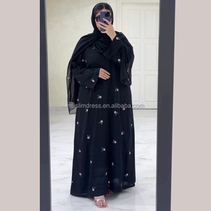 Abaya Modesta para Mujer Habib, Abaya de Chifón con Bordado de Flores Estilo Dubái 2026, Abaya Negra Abierta, Conjunto con Hiyab, Ropa Islámica - Product Image 1