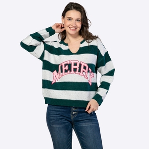 Maglione Natalizio Personalizzato da <span class=keywords><strong>Donna</strong></span> con Strisce Glitterate, Scollo a V, Spalle Scivolate, Vestibilità Ampia e Patch con Lettere - Produttore - Product Image 2