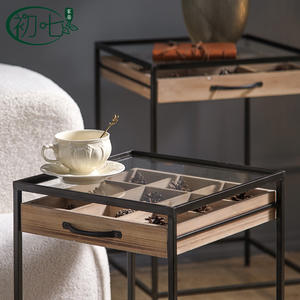 Wabi Sabi Style Side <b>Table</b> Tempered Glass <b>Top</b> Metal Frame Storage <b>Drawer</b> Living Room Coffee <b>Table</b> - Product Image 2