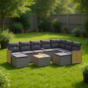 Ensemble de canapés de jardin gris 6 places en rotin, mobilier d'extérieur résistant aux intempéries, design contemporain, panneau en teck - Product Image 2