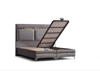 Lit moderne en bois massif teck rembourré en tissu avec système de levage hydraulique, pour la maison, l'hôtel, la chambre à coucher, meubles KD faciles à assembler