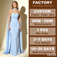 Robe longue bleu ciel pour femme, style crayon, épaules dénudées, ornée de perles et de strass, avec drapé détachable, taille empire, style vintage, pour le quotidien