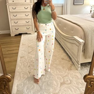 Fabricant de jeans pour femmes personnalisés, à pois pastel, confortables, extensibles, à jambe large, <span class=keywords><strong>taille</strong></span> <span class=keywords><strong>haute</strong></span>, à ourlet brut et évasés en denim - Product Image 5