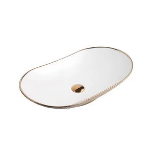 HEGII china wholesale oval electroplated gold and white countertop ceramic luxury bathroom vessel sink face hand wash art basin