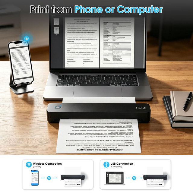 OEM HZTZ Portable Mini Thermal Printer / Rechargeable 2600mAh Battery Supports Android/iOS/PC Inkless A4 Stock