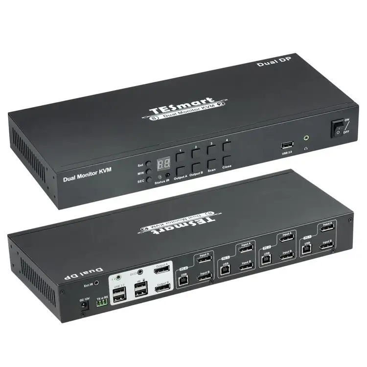 TESmart KVM Switch 8 Port 8X2 Dual Monitor Mendukung USB 2.0 Hotkeys DCCI Hot Plug RS232 4K60HZ 8X2 DP KVM Switch