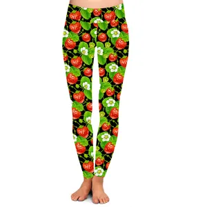De gros fraise vêtements femmes-Leggings femme 92% Polyester 8% Spandex, vêtement taille haute, en soie brossée, impression numérique, vente en gros, motifs de fruits et fraises