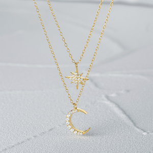 Collar CANNER S925 de Plata de Ley con Doble Estrella y Luna, Collar con Estrella Octogonal, Chapado en Oro de 14k y 18k para Chicas - Product Image 1