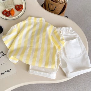 Ensemble de vêtements d'été pour garçon 2026, <span class=keywords><strong>polo</strong></span> rayé jaune + short blanc, ensemble de 2 pièces, tenue de <span class=keywords><strong>prince</strong></span> - Product Image 3