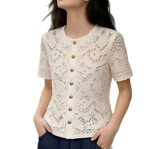 Camicetta da donna estiva 2026 <span class=keywords><strong>bianca</strong></span>, stile francese, dolce e versatile, con scollo rotondo, monopetto, a maniche corte, con motivo geometrico e dettagli traforati - Product Image 5