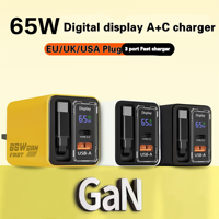 Chargeur rapide Ai GaN 65W Type C 2 avec câble rétractable et écran USB pour téléphone portable, idéal pour les voyages