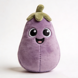 Peluche de berenjena morada con forma de pera, personalizado, con tallo y calice de felpa verde oliva, extremidades moradas a juego. - Product Image 3