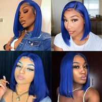 Wig Bob Pendek Warna Biru 13x4 Lace Front, Rambut Asli Warna Biru Dongker Lurus, Wig Frontal Transparan, Panjang 10-16 Inch, Kepadatan 200%