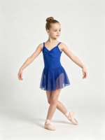 Robe de ballet bleu roi à bretelles spaghetti pour filles, dos en V, jupe en maille transparente, justaucorps de danse pour enfants, tutu en Spandex/Polyester pour cours de danse