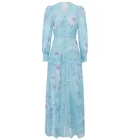 Robe élégante à col en V et manches longues en mousseline pour le printemps, coupe ajustée, disponible en vert, bleu et blanc, vente en gros