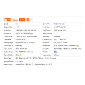 800:1, NV140FHM-N4A/B/6, 220cd/<span class=keywords><strong>M</strong></span> 16:9 Lcd-14.0 "Schermmodule 1920*1080 Nieuwe Laptop Lcd-Scherm Srgb 63%, Kleur 262K (6-Bit) - Product Image 6