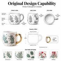 Mug Kopi Keramik Stylish Grosir dengan Pinggiran Emas, Cetakan Tanaman Hijau, Porselen 11oz, Logo Custom, Perlengkapan Minum untuk Dekorasi Rumah
