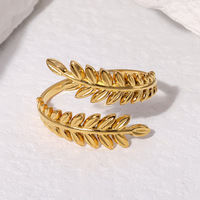 Exquisito Anillo Ajustable de Hoja de Acero Inoxidable con Baño de Oro de 18k, Estilo Bohemio Minimalista y Moderno, Joyería Casual de Moda