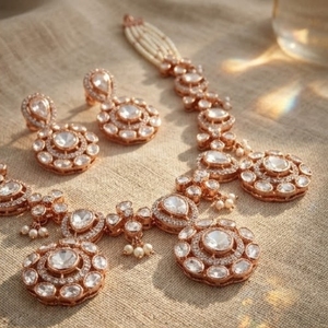 Rose Gold Crystal 925 <b>Silver</b> Jewelry Set With Chain And Floral Design For Wedding Women's Luxury Jewelry - Product Image 3