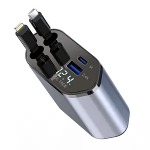2024 Amazon Venta caliente 4 en 1 cargador de coche tipo C USB con luz Led para teléfono celular portátil llevar