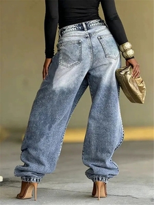 <span class=keywords><strong>Jean</strong></span> ample rétro délavé de haute qualité avec pampilles en cristal et double couche, <span class=keywords><strong>style</strong></span> streetwear pour <span class=keywords><strong>femme</strong></span> - Product Image 3