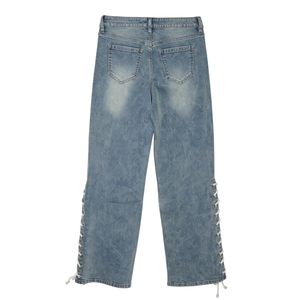 Unique Faded Light Blue Washed Loose Wide Leg Denim <b>Trousers</b> with Side Lace-up Design for <b>Y2K</b> Retro Streetwear Daily Casual - Product Image 4
