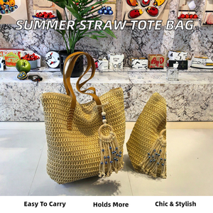 Sac à bandoulière en paille à trois rayures pour femme, grande capacité, sac seau, sac à main portable pour voyage et plage, Tanjing - Product Image 2