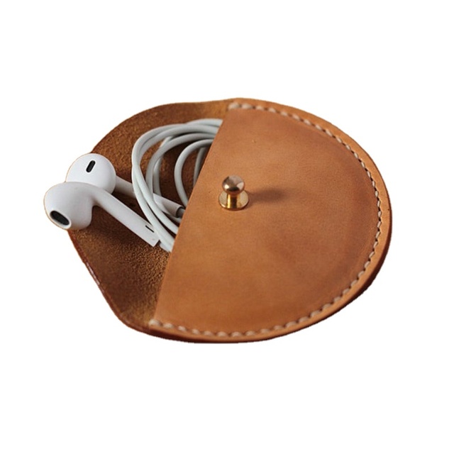 Handmade-Stitched Genuine Leather Earphone Case Cable Organizer and Wire Holder for Phone Charger PU Material Bag