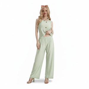 Completo da donna Lily & Rose in maglia a pois, top con scollo all'americana e pantaloni lunghi, traspirante, vestibilità ampia, per l'abbigliamento casual estivo - Product Image 1