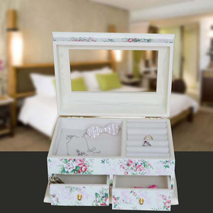 Wooden Jewelry <b>Box</b> With <b>Mirror</b> And Drawers For Women 30x20x15cm Rectangle Storage Organizer With Floral Design - Product Image 1