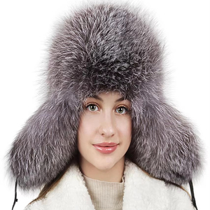 Sombrero de cazador de piel de zorro plateado con orejeras para mujer Topi <span class=keywords><strong>Ushanka</strong></span>, sombreros de bombardero soviético, gorra de cazador con parte superior de cuero - Product Image 1