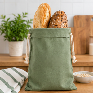 Sac à pain en coton vert avec cordon de serrage, pochette de rangement réutilisable pour les produits frais et les courses - Product Image 1