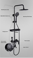 Colonne de douche économique noire mate avec pommeau de douche effet pluie, ensemble de douche moderne en laiton à quatre fonctions avec rangement