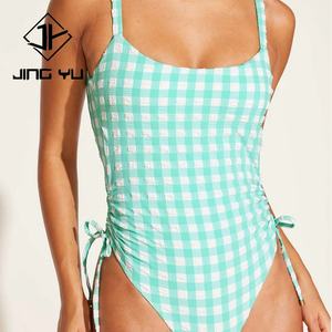 Nouveau maillot de bain une pièce plissé style plage vert mousse marin à carreaux en polyester durable personnalisé pour femme - Product Image 4