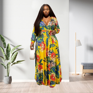 Robe longue décontractée à imprimé floral taille naturelle avec volants pour femme, grande taille, collection Printemps - Product Image 3