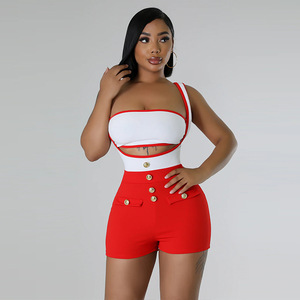 Mode barboteuse ensemble gilet et salopette courte <span class=keywords><strong>bouton</strong></span> détail décontracté <span class=keywords><strong>combishort</strong></span> ensembles femmes - Product Image 4
