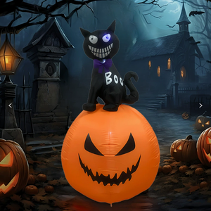 Gato Negro Inflable de Halloween Sentado <span class=keywords><strong>en</strong></span> una <span class=keywords><strong>Calabaza</strong></span> con <span class=keywords><strong>Cara</strong></span> Aterradora Tallada, Modelo Luminoso para Decoración de Jardín Exterior - Product Image 3