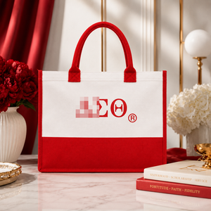 Borsa Tote Grande in Tela Ispirata al <span class=keywords><strong>Design</strong></span> della Confraternita Delta Sigma Theta, Tonalità Rosse <span class=keywords><strong>e</strong></span> Bianche, DST 1913 - Product Image 2