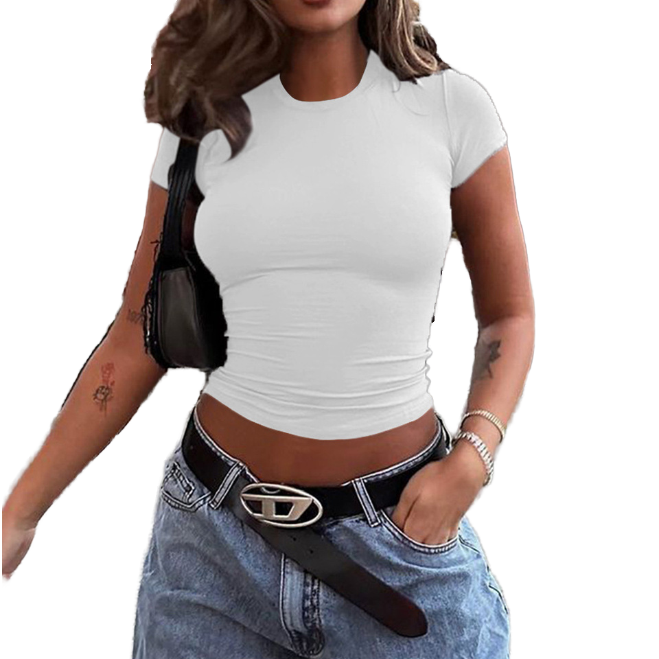Women's Fashion Brand T-Shirt O-Neck Slim Style with Round Shoulder Short Sleeves Printed Pattern Spandex Fabric Material Summer
