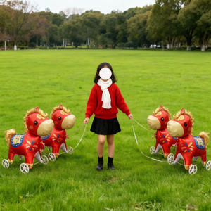 Ballon en aluminium 3D en forme de poney de dessin animé rouge à roues, pour le Nouvel An du Cheval du Zodiaque, pour enfants, à pousser au sol, cadeau - Product Image 4