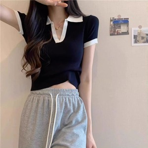 T-shirt d'été en tricot à manches courtes pour <span class=keywords><strong>femme</strong></span>, col en V, vente en gros d'usine, pour filles - Product Image 2