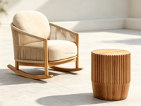 Ensemble de chaise à bascule et table d'appoint FERLY Classic en teck rainuré, fabriqué à la main, personnalisable