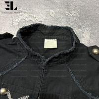 Veste Napoléon en jean vieilli LARSUR, coupe slim, col montant, style motard, avec short en jean, veste hussarde