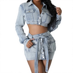Nouveautés d'automne, veste courte en denim lavé et mini-jupe avec ceinture, ensemble deux pièces pour adolescentes, streetwear pour femmes - Product Image 1
