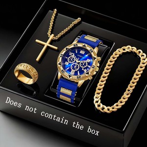 Ensemble de 4 montres et bracelets pour <span class=keywords><strong>homme</strong></span>, style business décontracté, affichage du calendrier, <span class=keywords><strong>bracelet</strong></span> pour <span class=keywords><strong>homme</strong></span>, collier croix, montre de luxe pour <span class=keywords><strong>homme</strong></span> CC066 - Product Image 3
