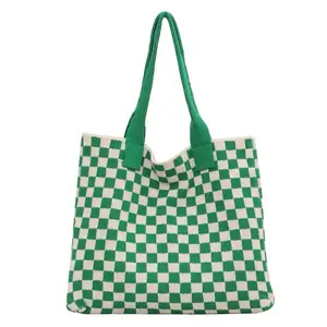 Hot Selling Classic Checkerboard Crochet Knitted Bag Large Capacity Shopping Tote Bag Vintage Chic Multiple Color Causal Handbag