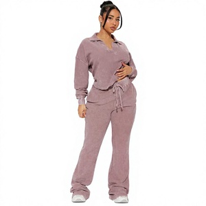 Conjunto de 2 Piezas de Felpa para Mujer, Cuello Camisero, Manga Larga, Corte Holgado, Pantalones Deportivos Casuales para Todas las Temporadas, Color Sólido, Tejido de Algodón - Product Image 1