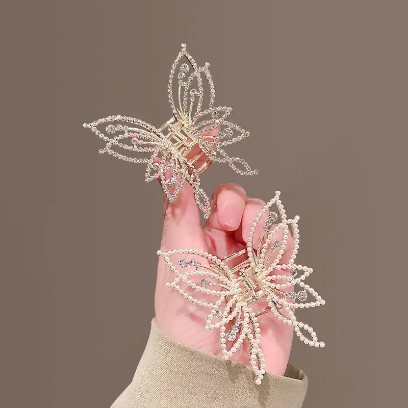 Jepit Rambut Kupu-kupu Aksesori Rambut Mutiara Elegan Klip Hiu Berlian Imitasi Jepit Rambut Kristal Penuh untuk Perhiasan Wanita