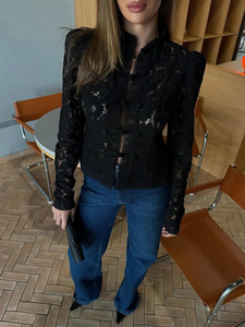 Nuova Camicetta da Donna <span class=keywords><strong>in</strong></span> <span class=keywords><strong>Pizzo</strong></span> Traforato, Stile Vintage, Trasparente, per l'Estate, con Stampa Floreale, Top Elegante per il Lavoro - Product Image 6